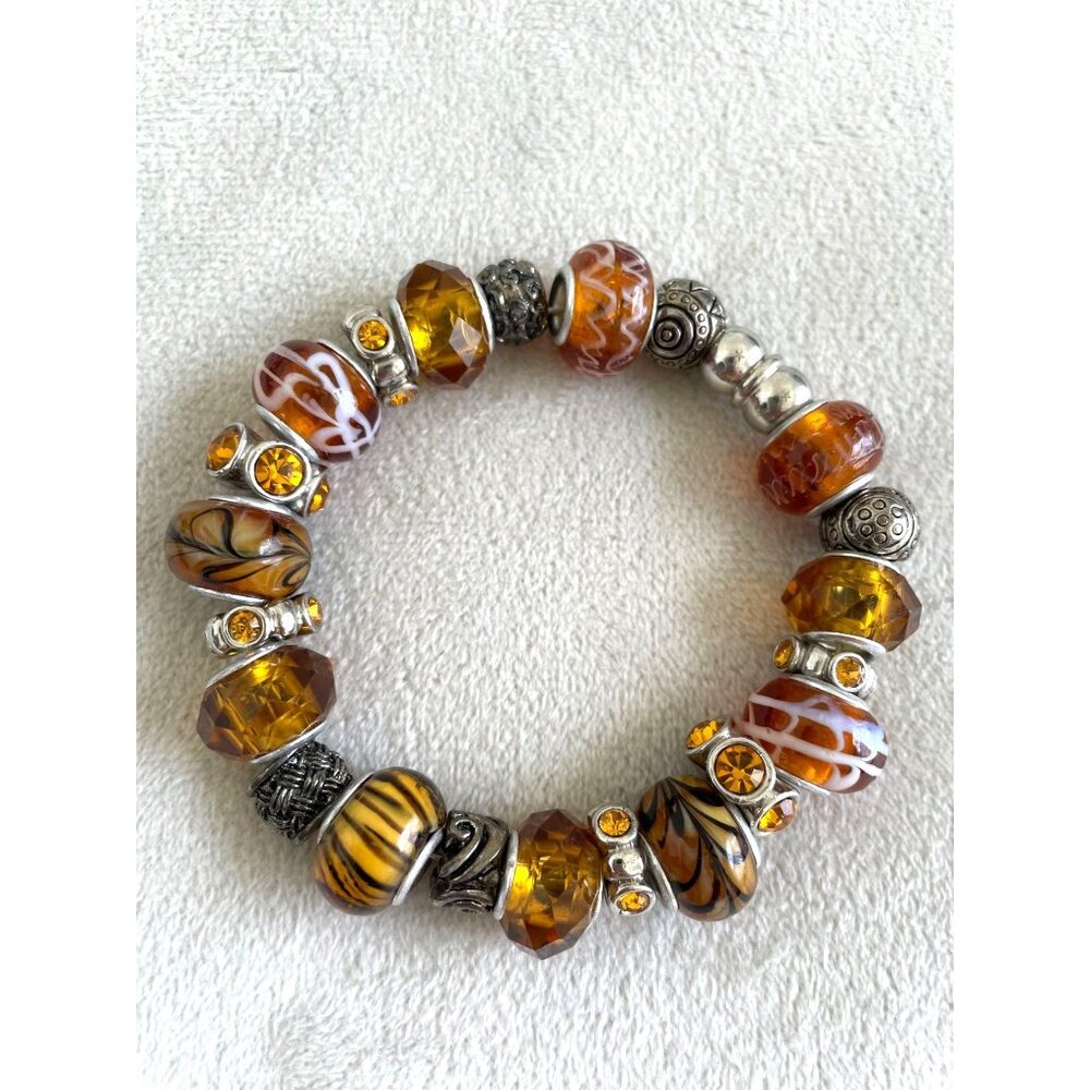 Amber-Beaded Bracelet Silver Accent Glass Beads Earth tone colors Bohemian boho